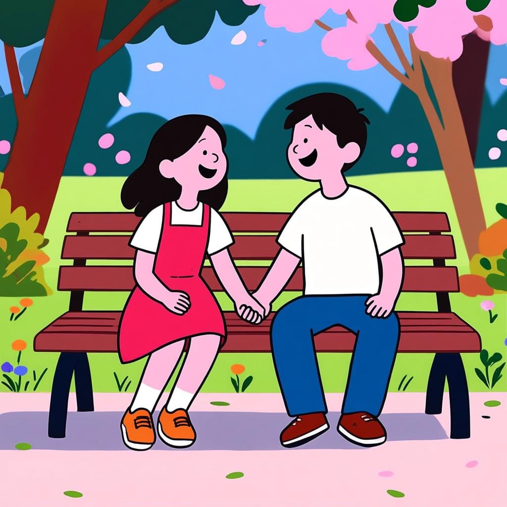A simple illustration of a young man and woman sitting close together on a park bench, holding hands and smiling, representing a girlfriend.