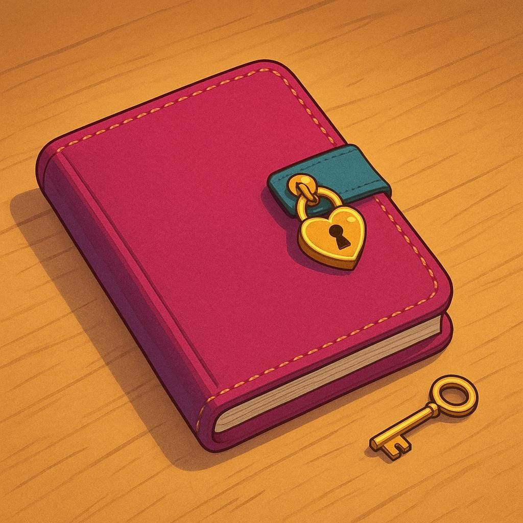 A small, brightly colored private diary with a lock and key, emphasizing personal ownership and privacy.