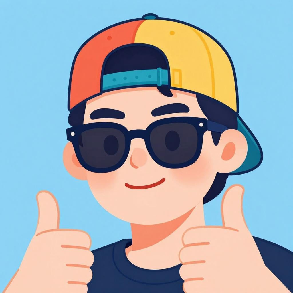 A person wearing stylish sunglasses and a colorful backwards baseball cap, giving a thumbs up.