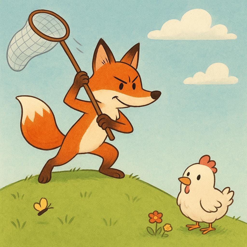 A colorful storybook illustration showing a determined fox holding a large net high above its head, poised to capture an unaware small chicken standing beneath it on a grassy hill.