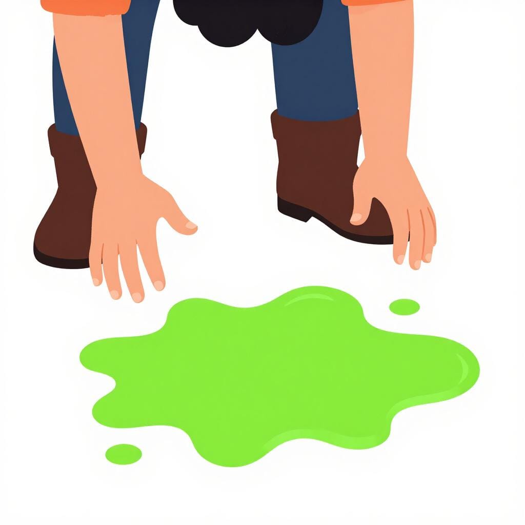 地面のぬるぬるした緑色の水たまりを見て、嫌悪感を示している人の顔。