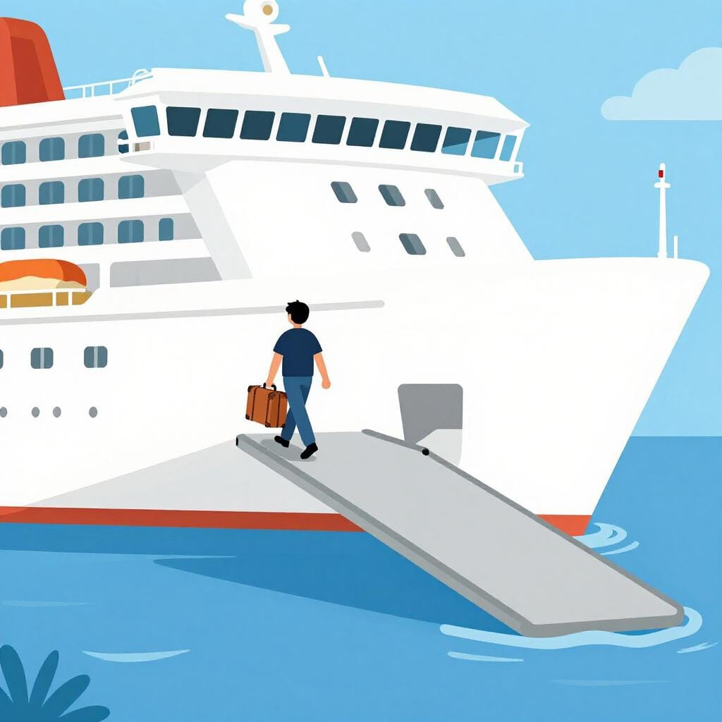 A person walking across a bridge onto a large white ship.