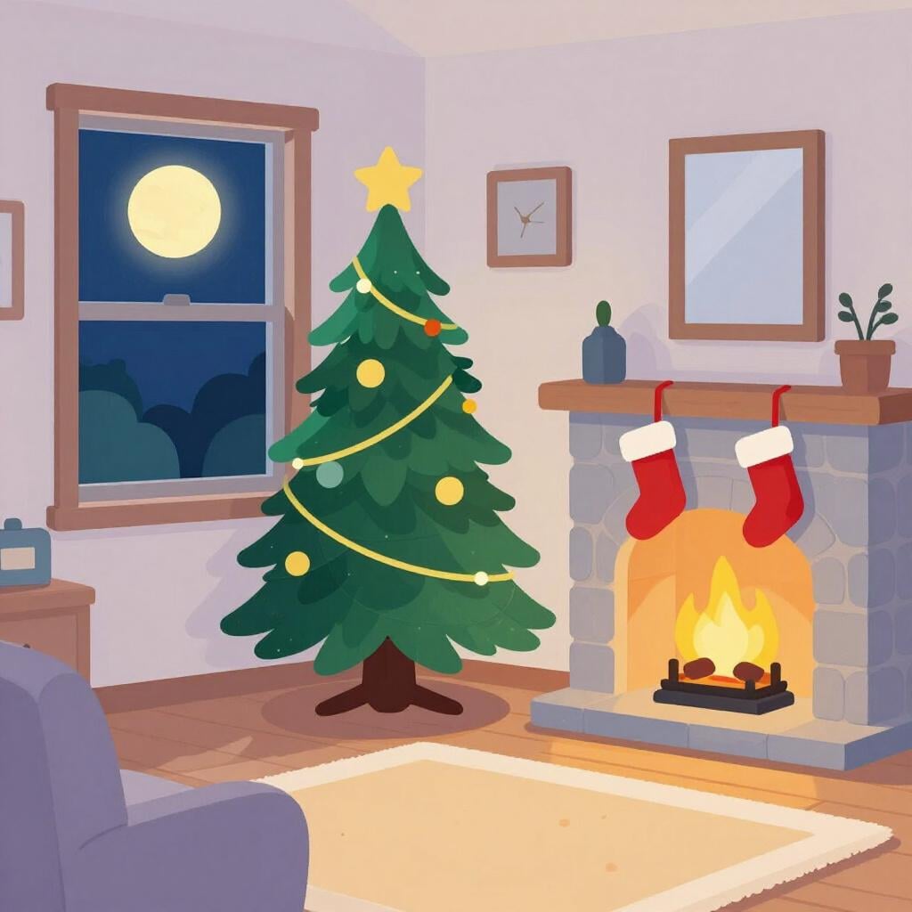 A cozy living room at night with a decorated Christmas tree and stockings hanging by a lit fireplace.