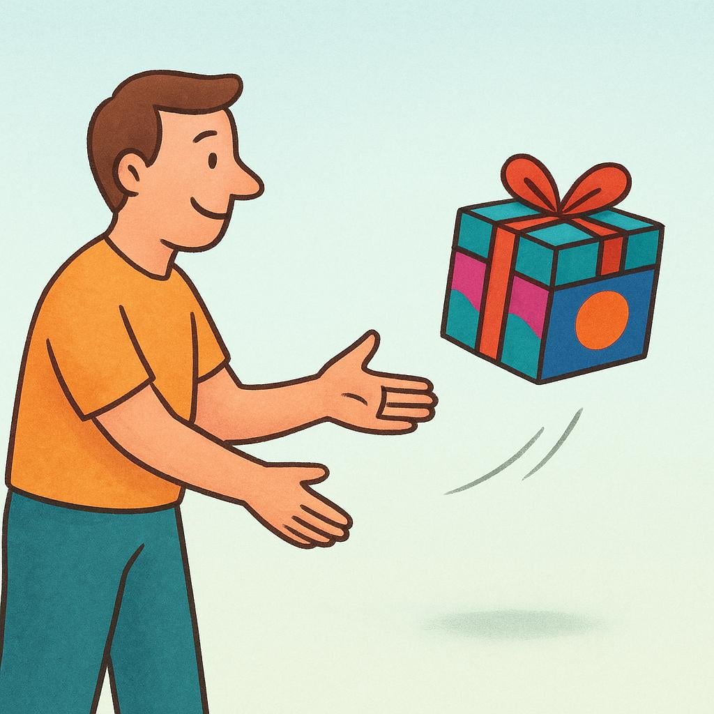 A smiling man standing outdoors, cheerfully releasing a small, brightly colored package into the air. The package is clearly moving away from him.