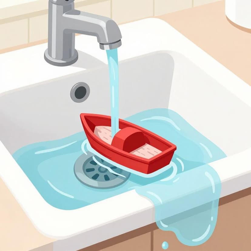 A colorful illustration of a kitchen sink filled with water because the drain is blocked by a small toy.
