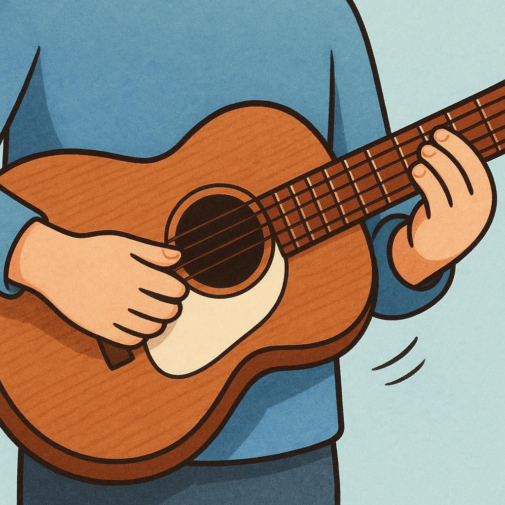 A person smiling while strumming a small acoustic guitar.