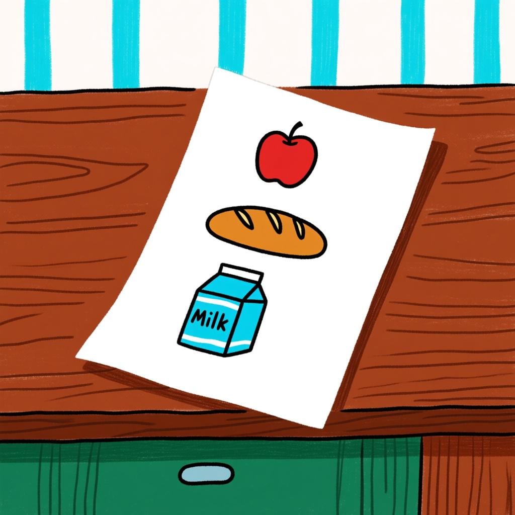 A piece of paper with a hand-drawn list of groceries, including icons for an apple and milk, representing a shopping list.