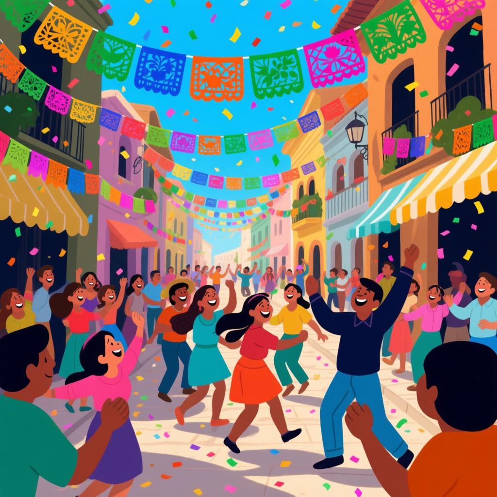 A vibrant, colorful public street festival scene with people dancing under strings of decorative paper banners (papel picado) and falling confetti.