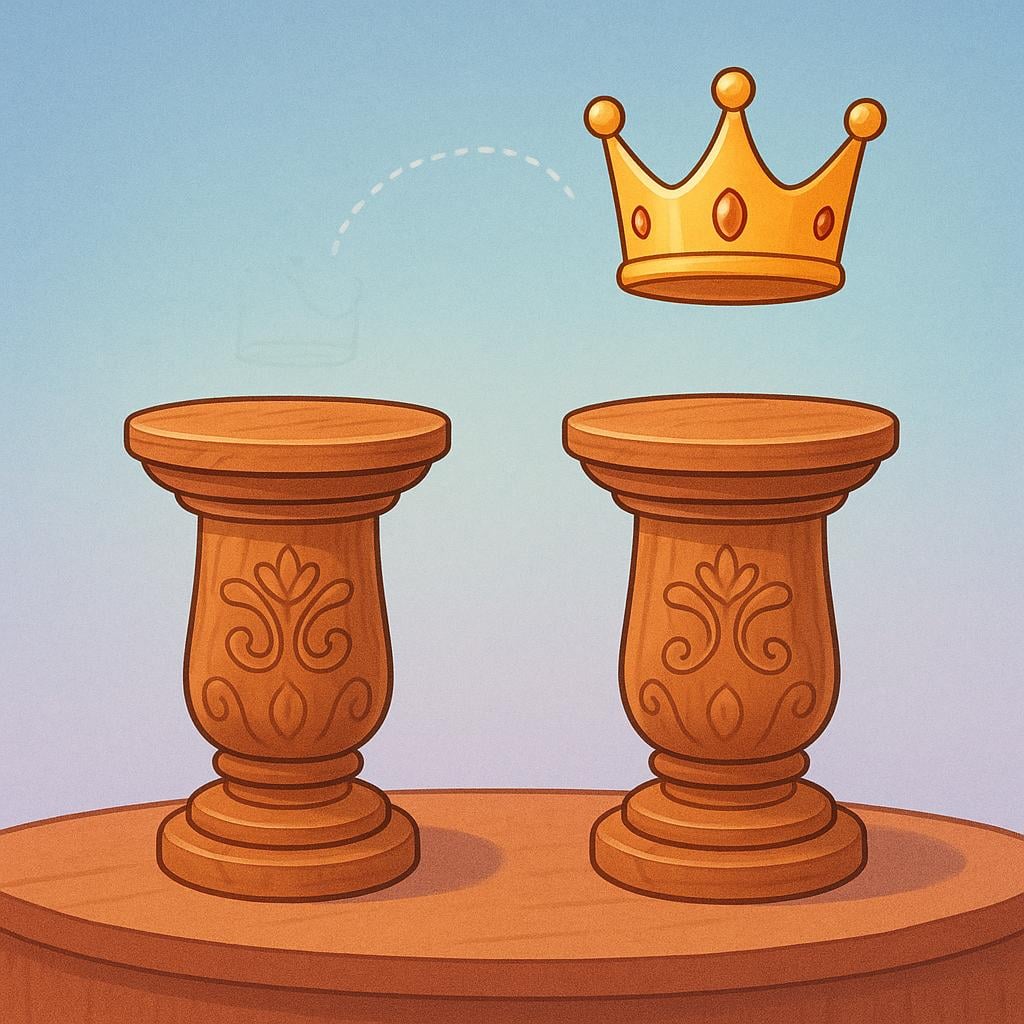A symbolic depiction of succession, showing a golden crown being moved from a taller, older pedestal to a shorter, newer one.