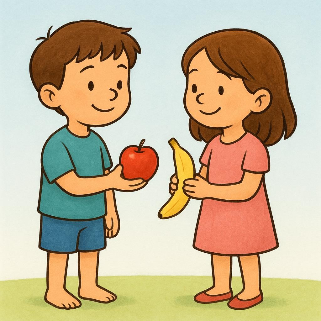 A simple colorful illustration showing two children facing each other. One child is offering a red apple, and the other child is offering a yellow banana, demonstrating an exchange.