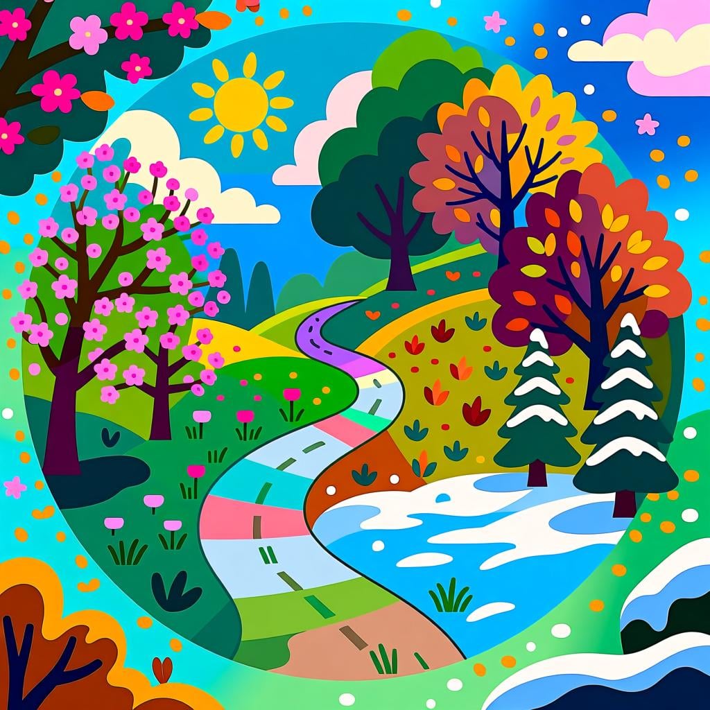 A circular illustration showing the four seasons blending into one another to represent the passage of a full year.