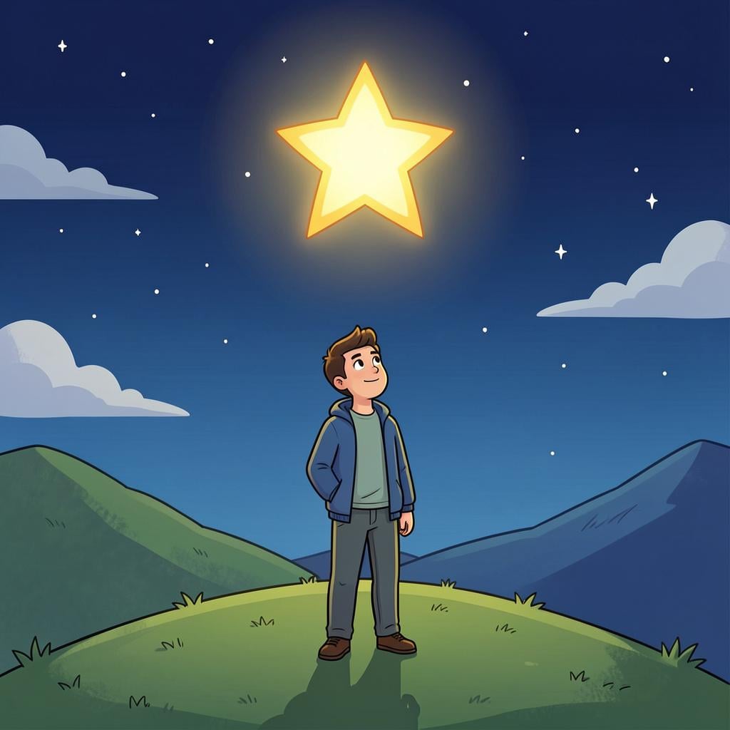 A person looking at a bright, glowing star in the night sky with a hopeful and confident expression.