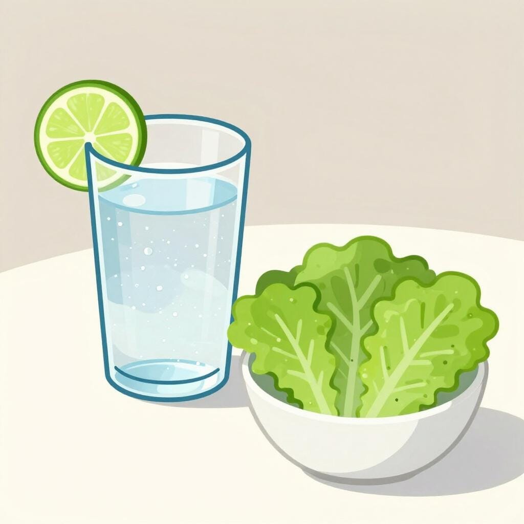 Un verre rafraîchissant d'eau pétillante avec une tranche de citron vert et une petite salade verte sur une assiette blanche.