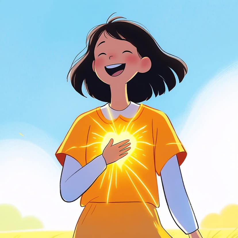 A woman smiling brightly with closed eyes, holding her hands over her heart, radiating warm, yellow light to symbolize feeling intense happiness or emotion.