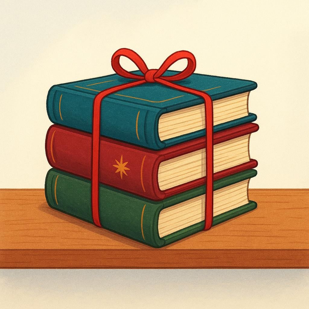 A stack of three thick, closed official ledger books tied with red string resting on a wooden shelf, representing official records.