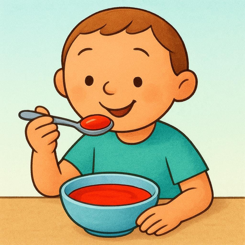 A simple smiling character tasting a small spoonful of bright red soup from a bowl, illustrating the act of sampling food.