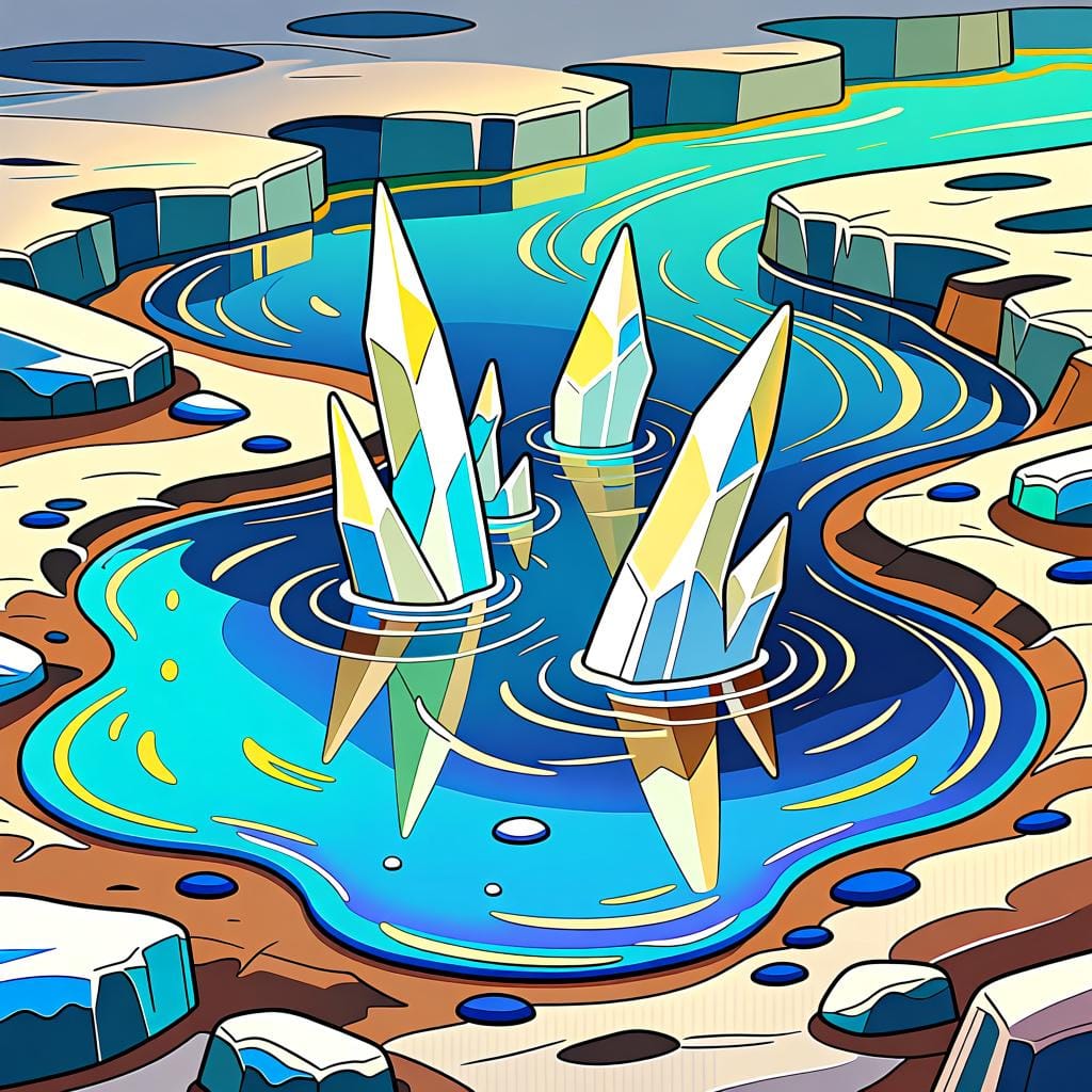 A shallow pool of bright blue liquid water visibly freezing and transforming into sharp, white ice crystals.