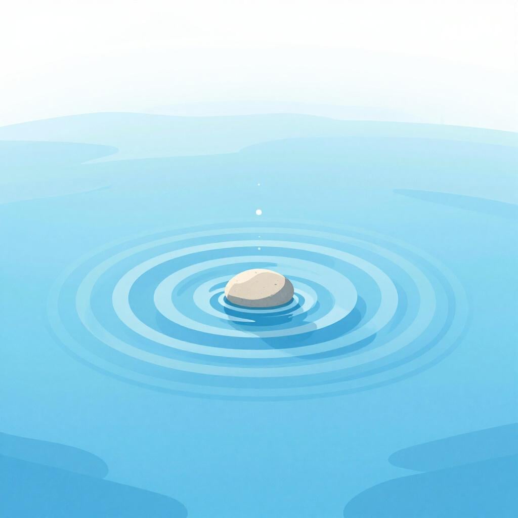 Uma criança jogando uma única pedra em um lago calmo, criando uma série de ondulações que se expandem.