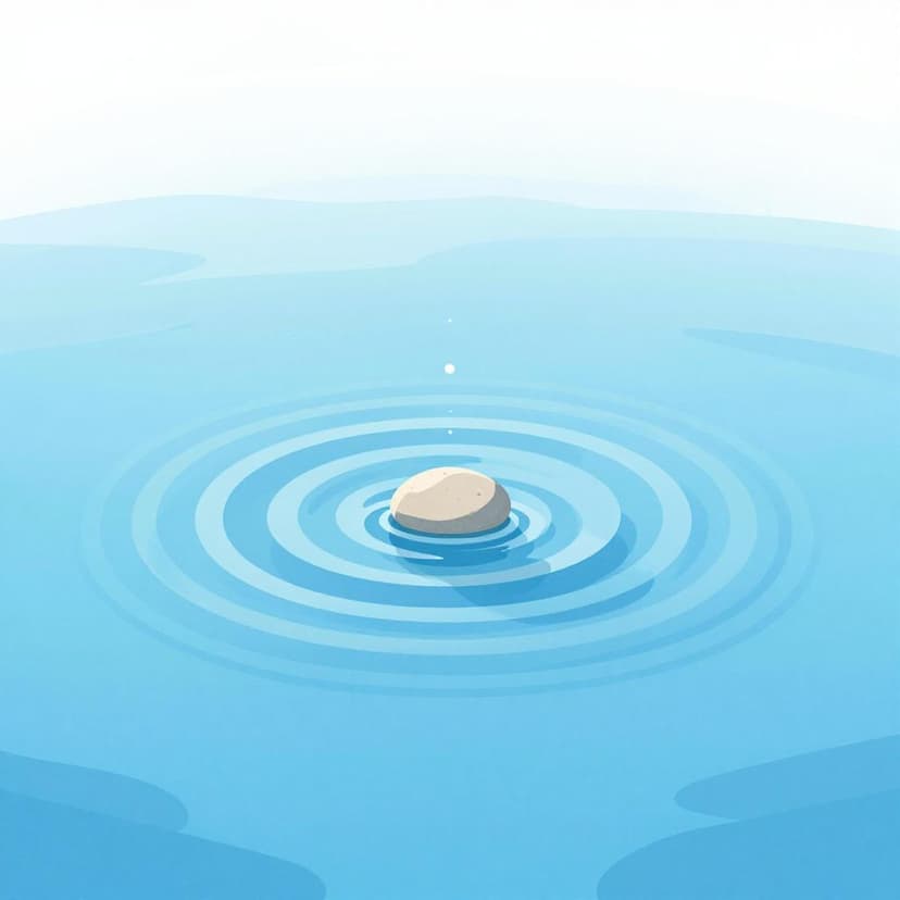 Uma criança jogando uma única pedra em um lago calmo, criando uma série de ondulações que se expandem.