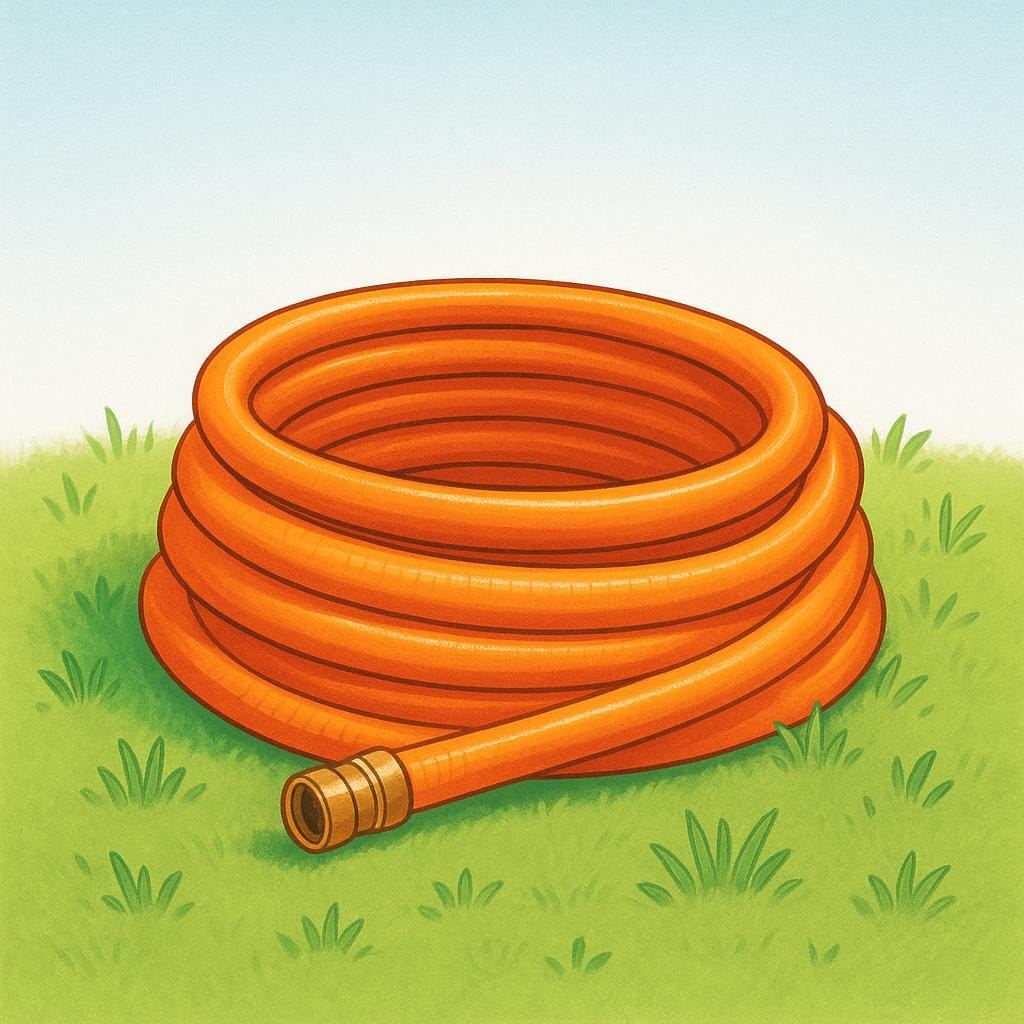 A coiled orange garden hose lying on green grass with water droplets.