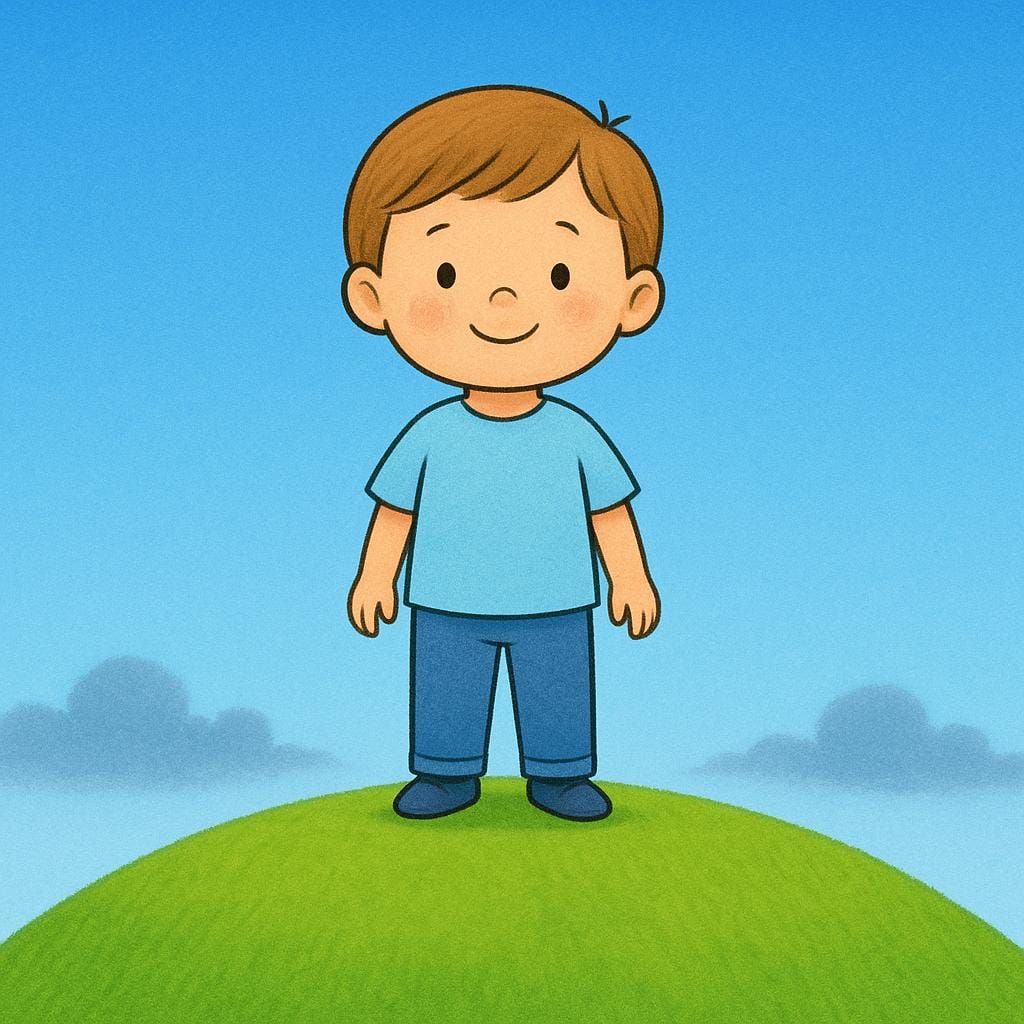 A small child stands happily on a bright green hill under a clear blue sky, watching dark storm clouds retreat into the distance, signifying having survived the storm.