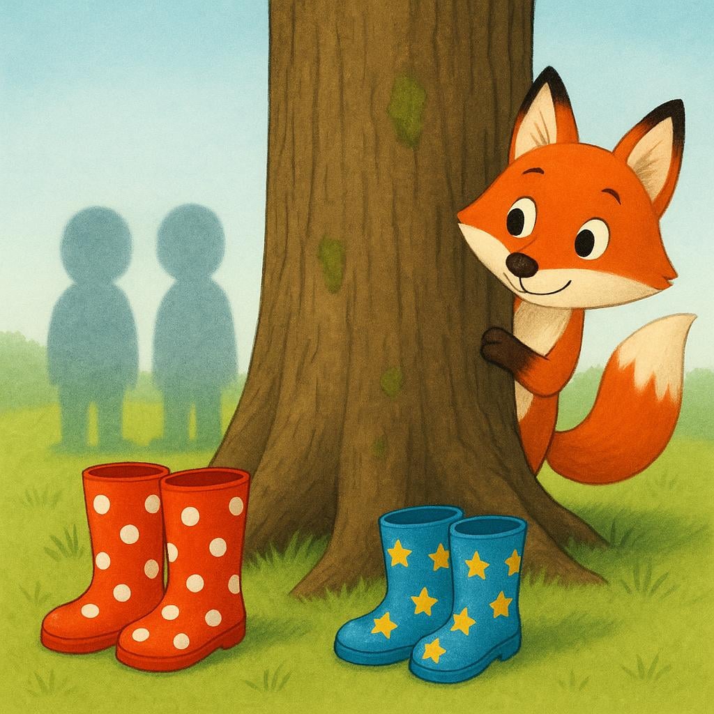 A curious, wide-eyed fox is peeking around a large tree trunk. In front of the tree, only two pairs of brightly colored boots and two shadows are visible, suggesting that two people are just out of sight.