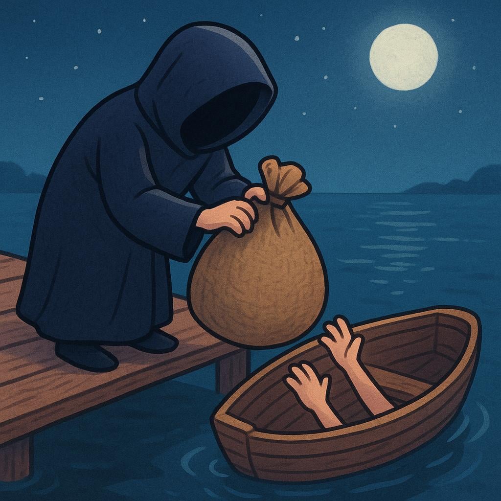 Cieniasta postać na ciemnym drewnianym pomoście, po kryjomu przekazująca duży, ciężki, nieoznakowany worek do małej łodzi pod światłem księżyca, symbolizujący nielegalny handel lub przemyt.