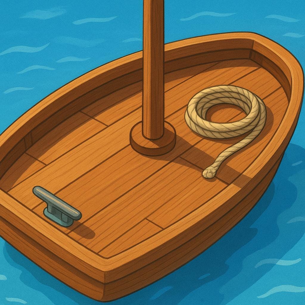 The wooden deck of a small sailboat floating on calm blue water.