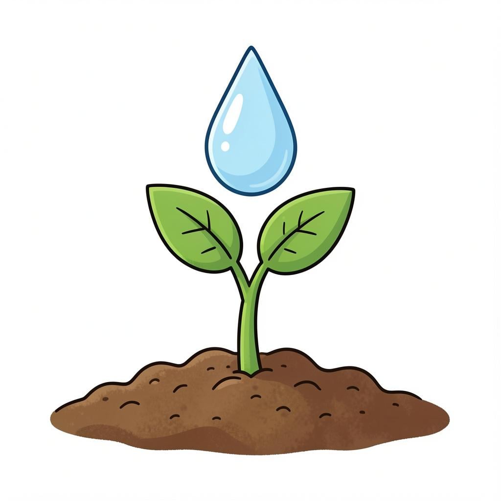 A single, bright green seedling sprouting from a small mound of rich brown soil with a single drop of water falling towards it.