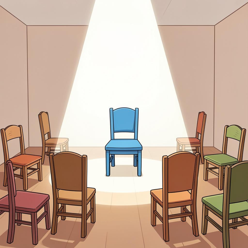 A single blue chair sitting alone in a spotlight, while many other chairs are turned away and facing the dark background.