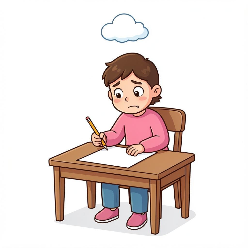 A person sitting at a desk with a blank expression, looking at a single empty piece of paper with a pencil in hand.