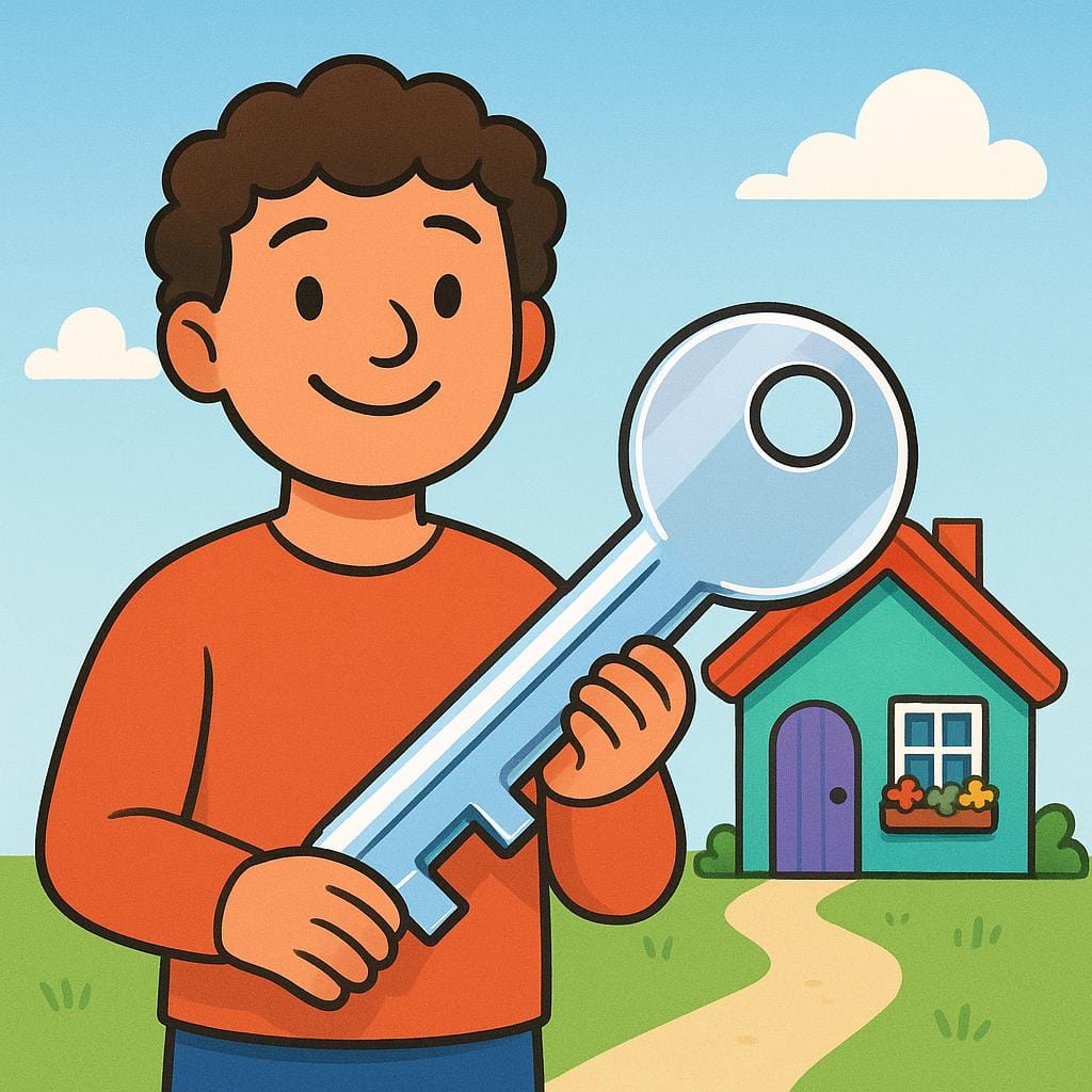 Uma pessoa de desenho animado sorridente parada com orgulho em frente a uma casa pequena e colorida, segurando uma chave grande e brilhante, simbolizando a posse.