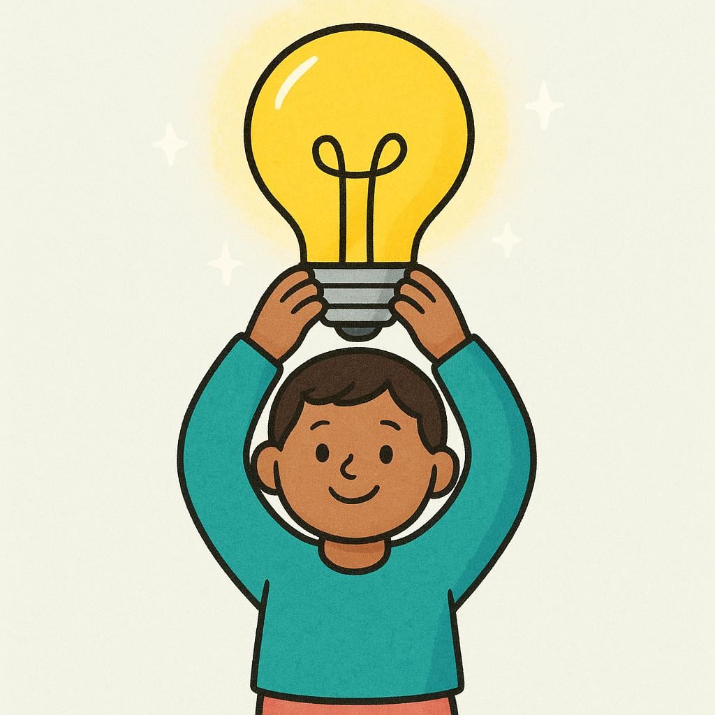 A friendly character holding up a single, glowing lightbulb above their head, symbolizing the introduction of a new idea.
