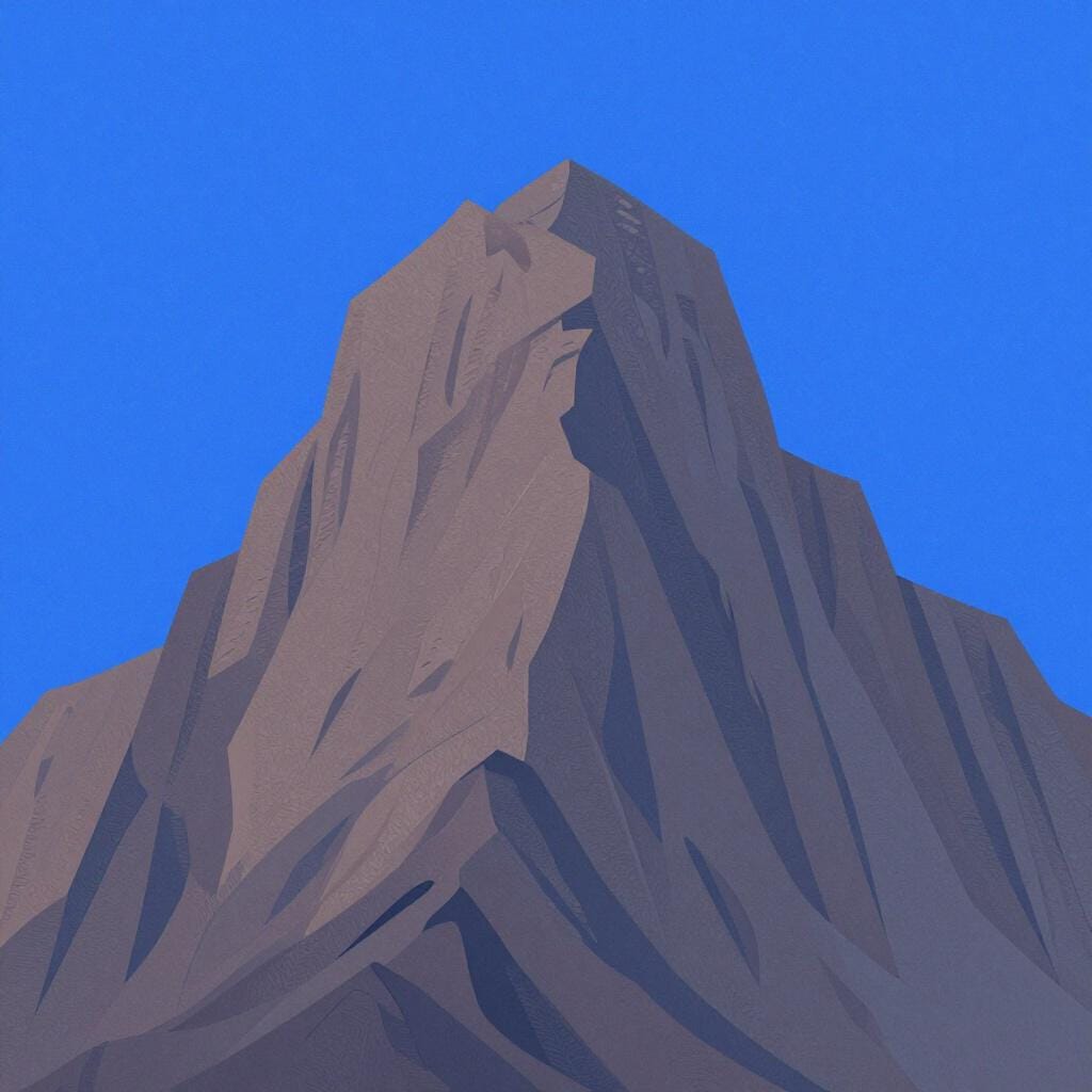 A massive, powerful mountain peak with a glowing golden crown of light at the top.