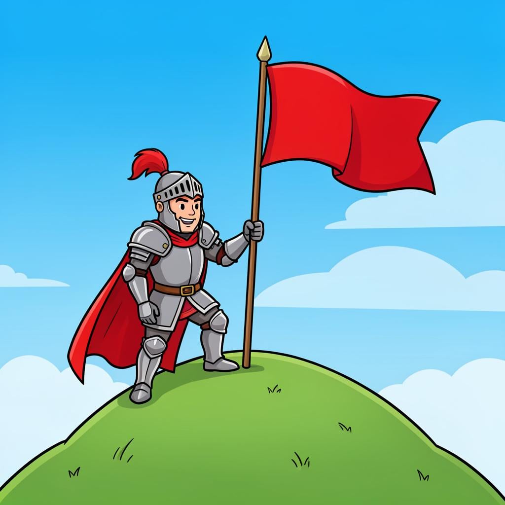 A brave knight planting a colorful flag on top of a grassy hill to claim the land.