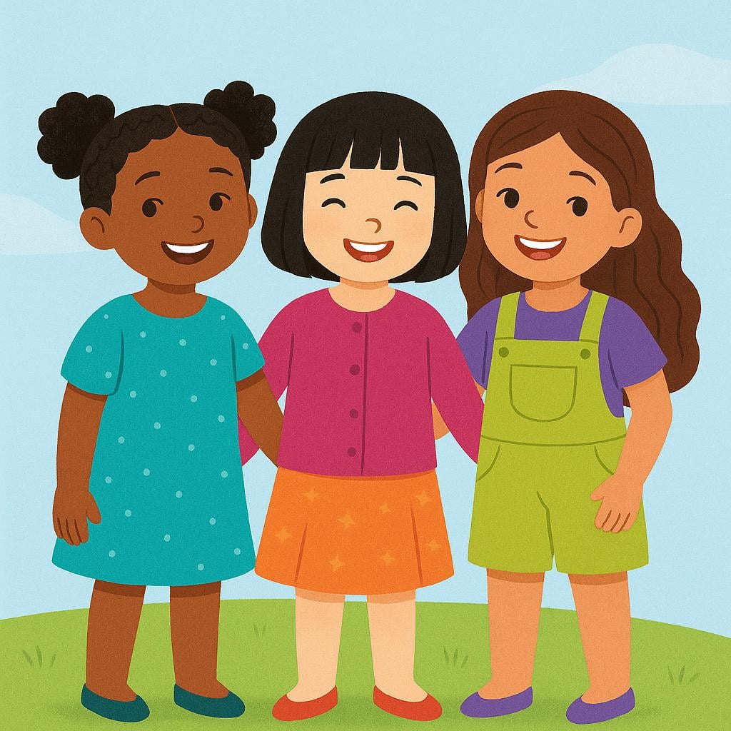Three smiling young girls standing close together, illustrating the concept of 'they' (feminine plural).