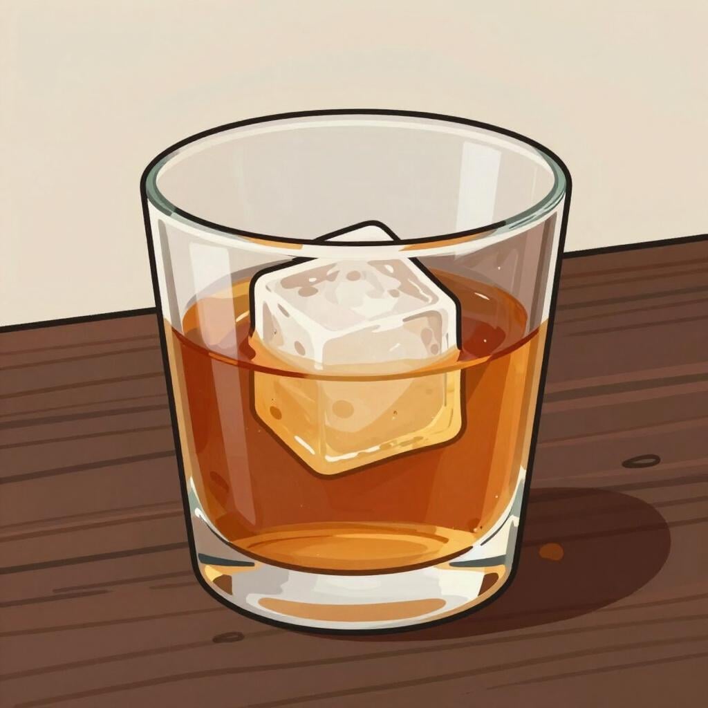 Um copo baixo simples cheio de um líquido âmbar e um único cubo de gelo grande, representando uma bebida alcoólica.