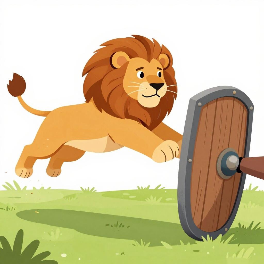 A fierce lion pouncing towards a wooden shield.