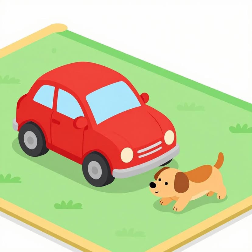 A toy car near a small toy dog that has been knocked over on a play mat.
