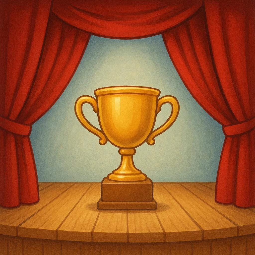 A small wooden stage with red curtains in the background. A simple golden trophy rests on a small pedestal in the center, indicating an event is scheduled to be held.