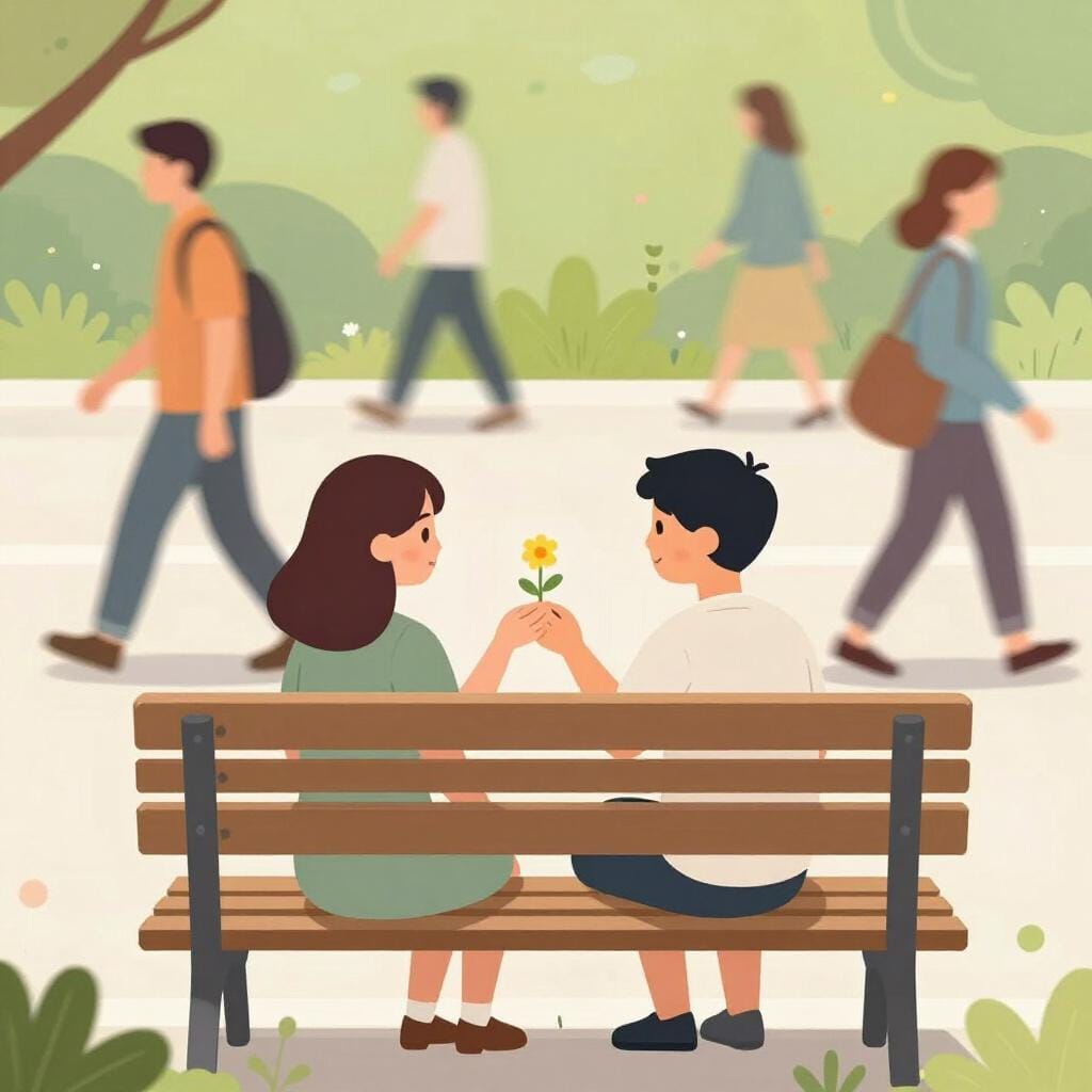 Uma pessoa sentada em um banco de parque olhando para uma flor enquanto uma multidão passa ao fundo.