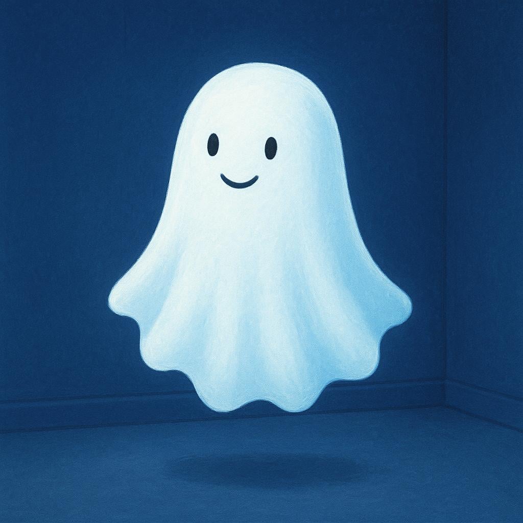 A translucent white ghost figure with a flowing bottom edge floating in a dark blue, simple room.
