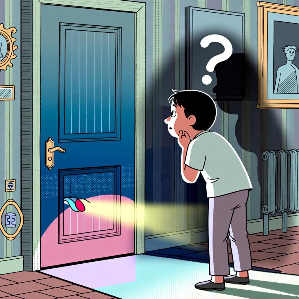 Uma pessoa olhando para uma porta fechada com luz vindo por baixo, adivinhando quem pode estar lá dentro.