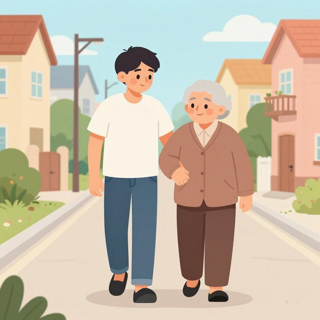 Ein Kind hilft einer älteren Person über die Straße, was Freundlichkeit und ethisches Verhalten zeigt.