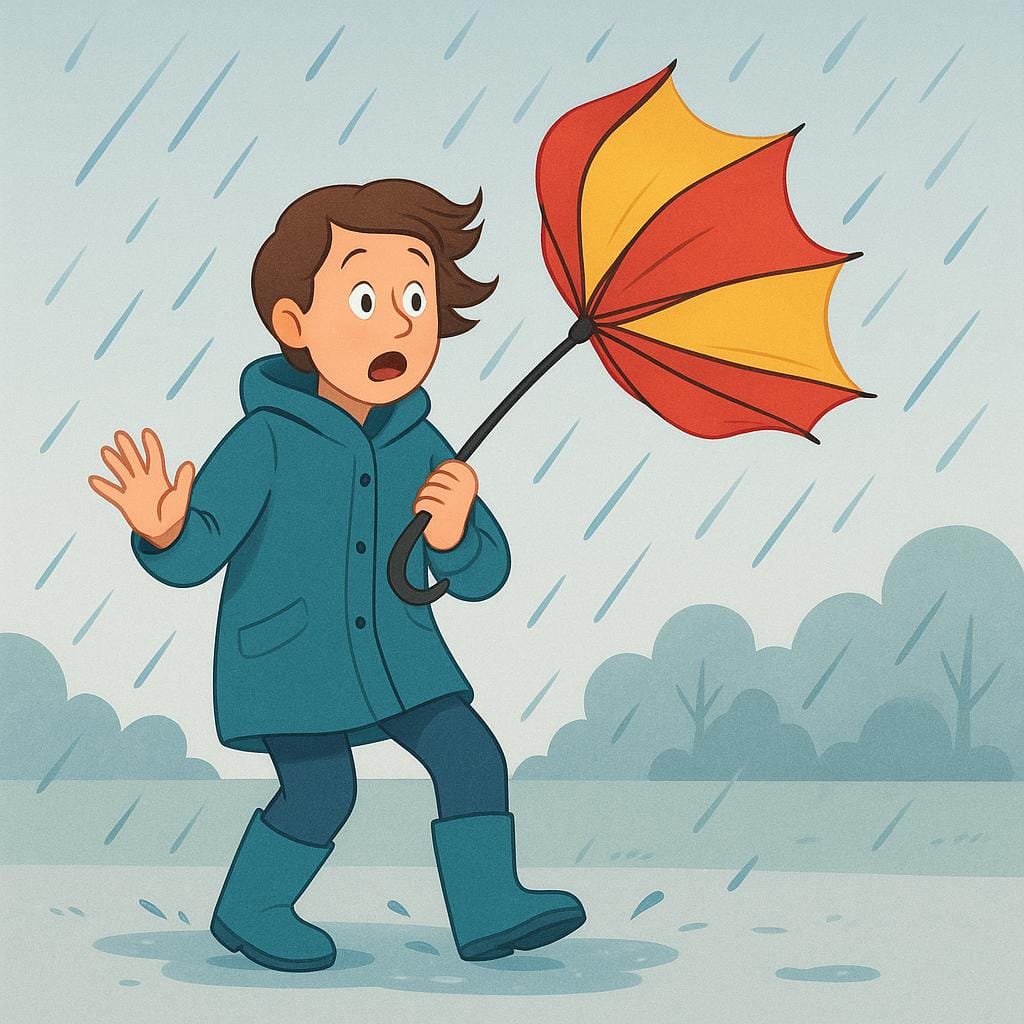 A person standing in the rain looking surprised as a gust of wind has flipped their brightly colored umbrella inside out.