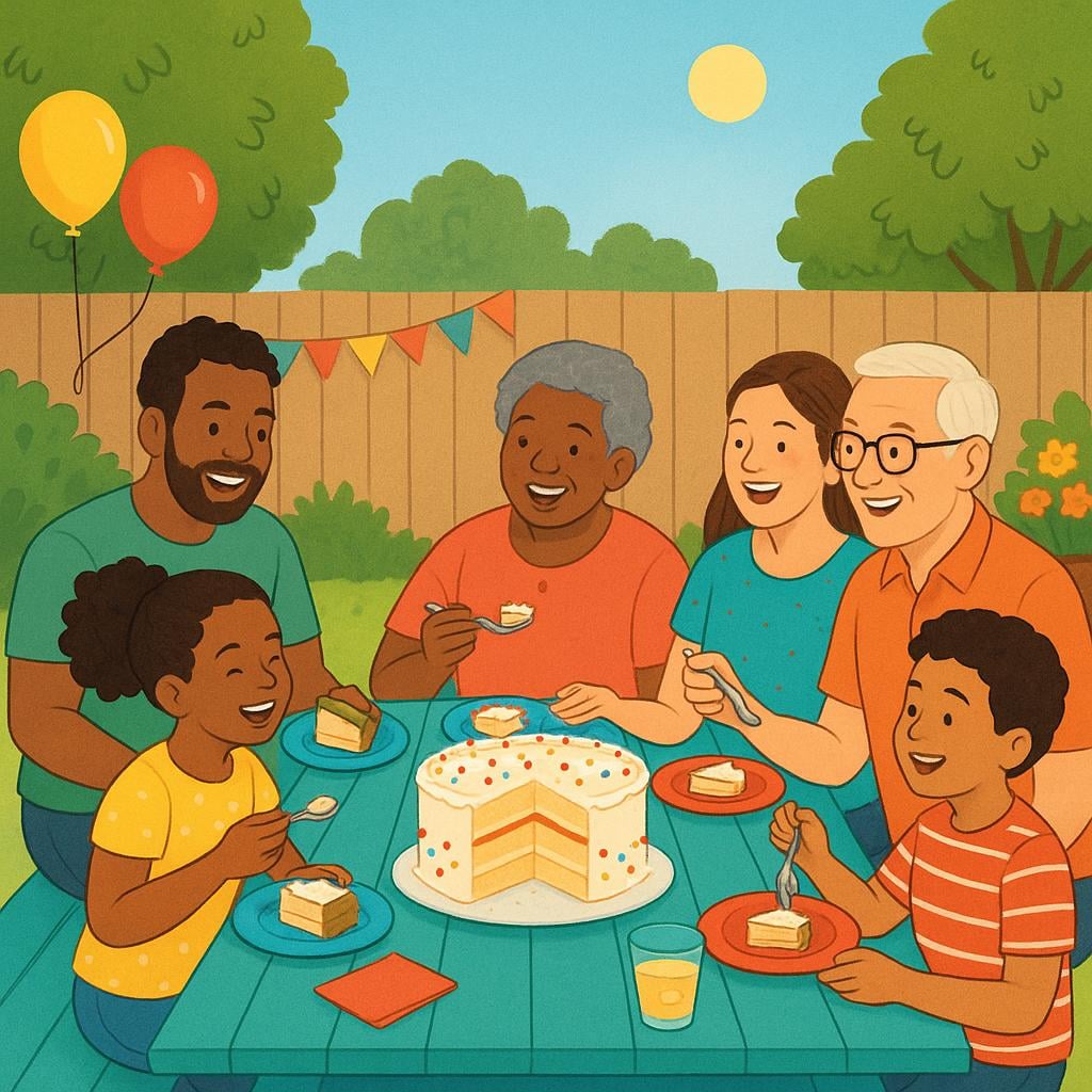 A diverse family group of six people smiling and eating cake around a brightly colored picnic table in a sunny backyard.