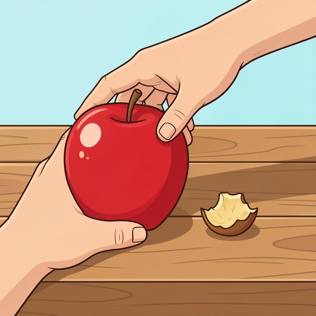 A hand placing a fresh, whole apple onto a table where a core used to be, showing one being swapped for the other.