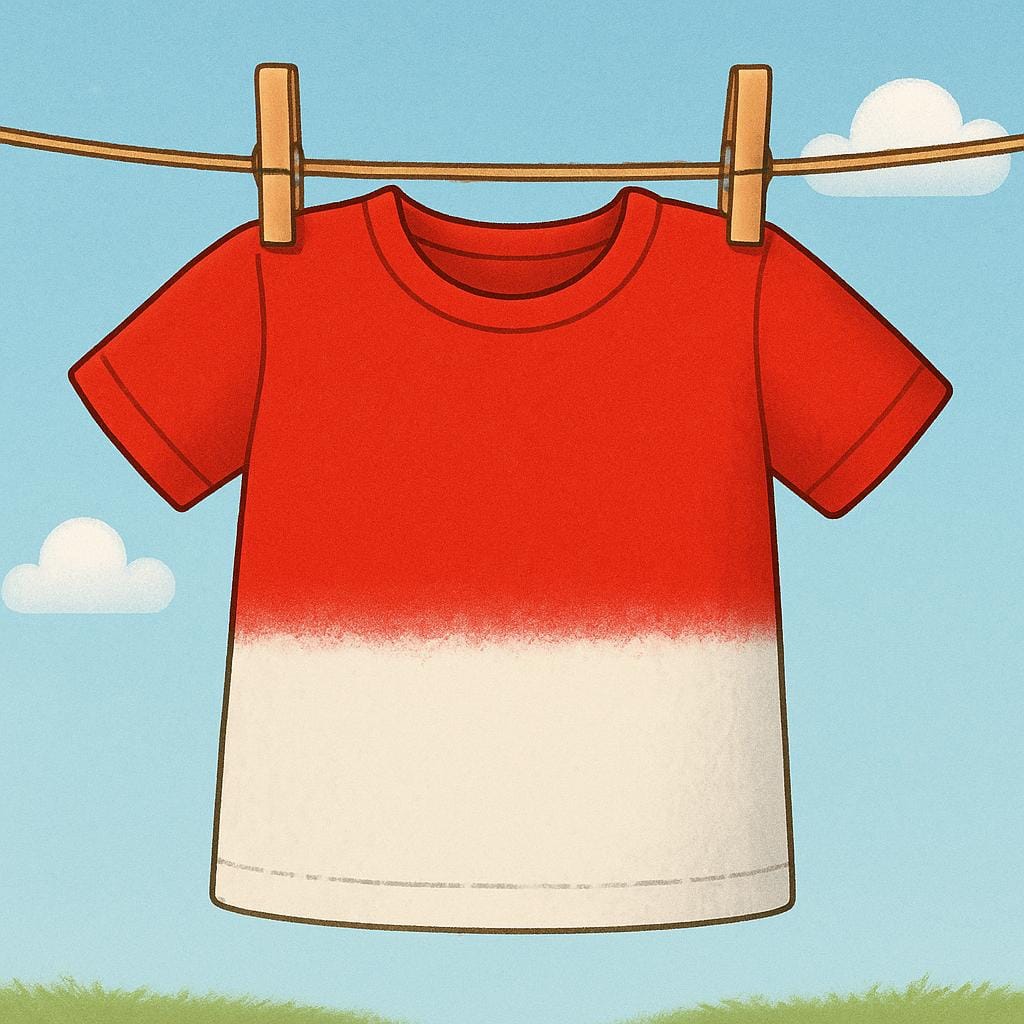 A bright red t-shirt hanging on a clothesline, with the bottom half visibly bleached white and dull due to sun exposure.