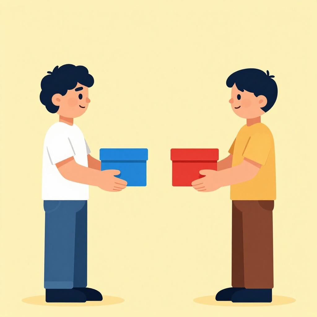 Due persone sorridenti che si scambiano contemporaneamente scatole regalo di colori diversi.