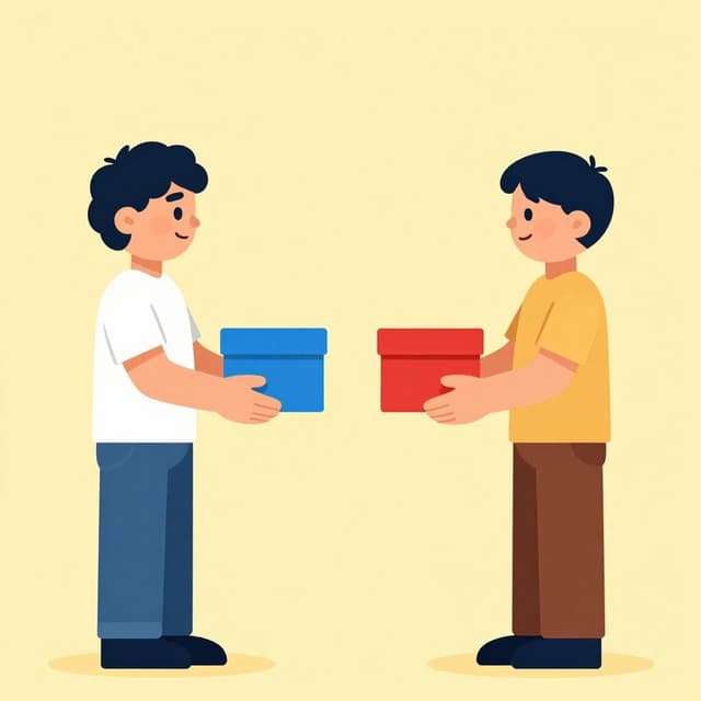 Two people smiling and handing each other different colored gift boxes at the same time.